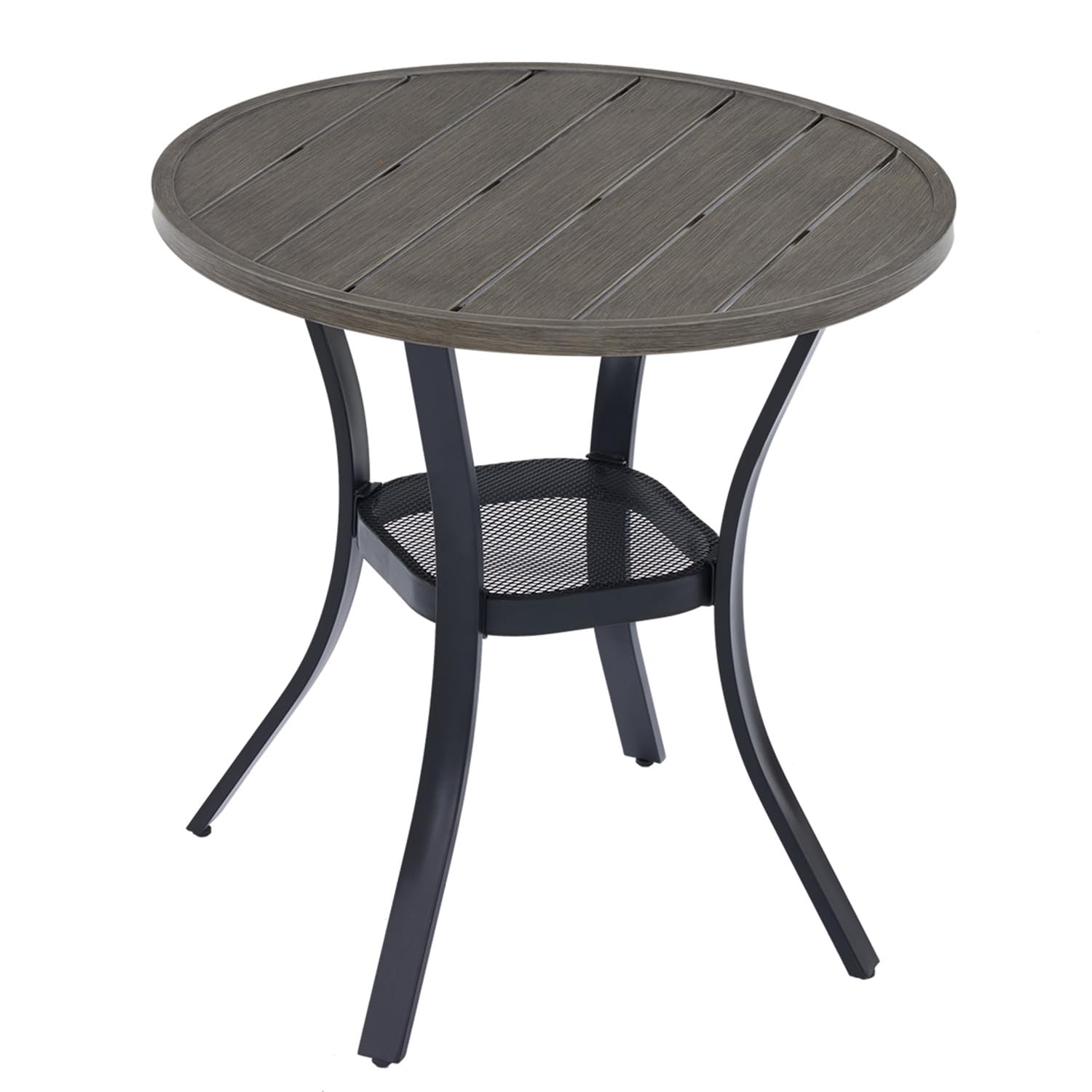 Vicllax 27.5' Outdoor Round Patio Table For Lawn Garden, All Weather Metal Round Patio Dining Table With Storage Shelf, 2 Person Small Patio Table, Grey Wood-Like Tabletop